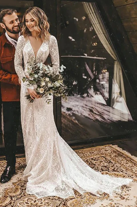 Robe de Mariée Champêtre à Manches Longues 1 Robe de Mariée Champêtre à Manches Longues