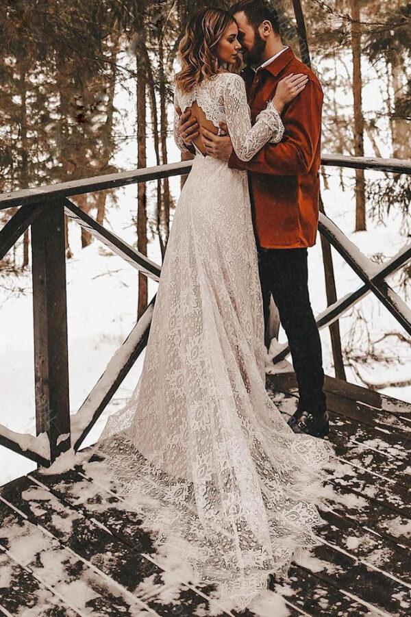 Robe de Mariée Champêtre à Manches Longues 8 robe de mariee boheme decollete plongeant dos 720x