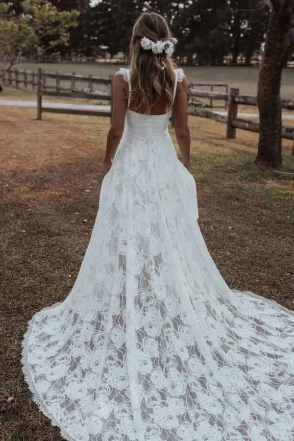 Robe Longue de Mariée Champêtre avec Bretelle