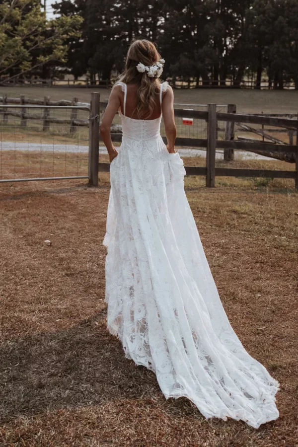 Robe Longue de Mariée Champêtre avec Bretelle