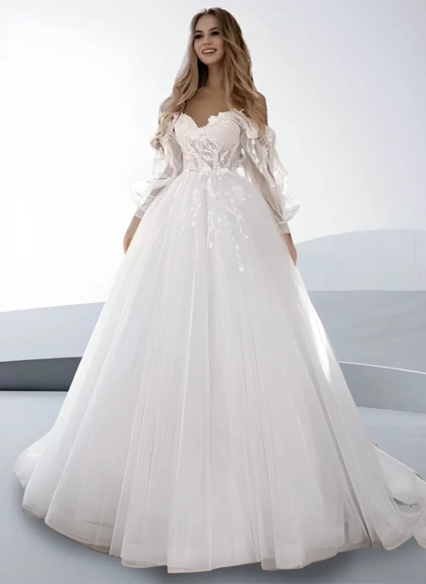 Robe de Mariée Bouffante de Princesse en Dentelle