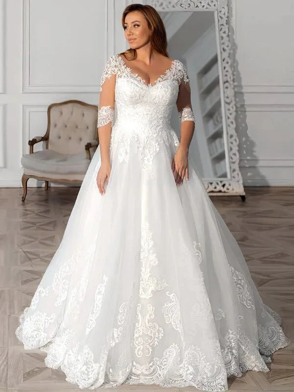 Robe de Mariée Col en V pour Femme Ronde