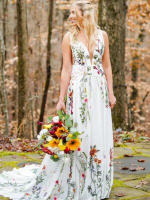 Robe de Mariée Romantique Bohème Fleures Brodées