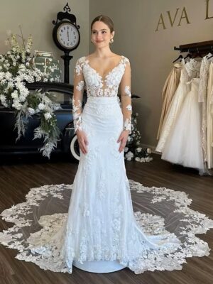 Robe de Mariée Sirène Dentelle Manche Longue